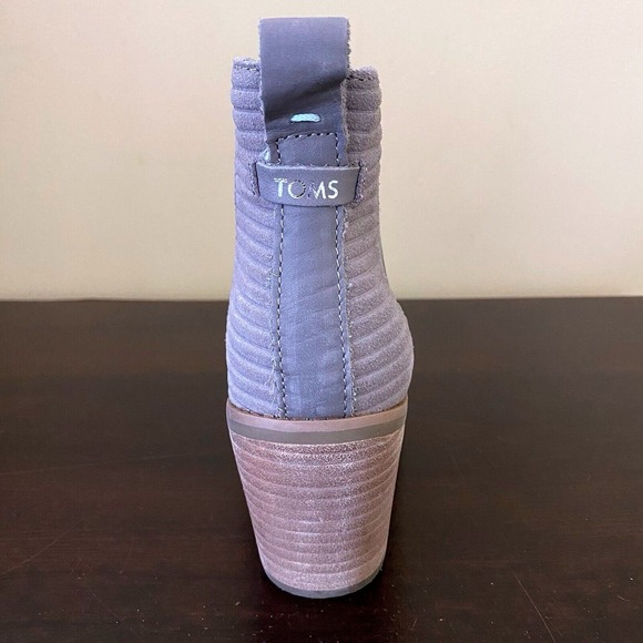 TOMS Marina Grey Leather Cap Toe Ribbed Block Heel Ankle Boots Womens - Picture 6 of 7